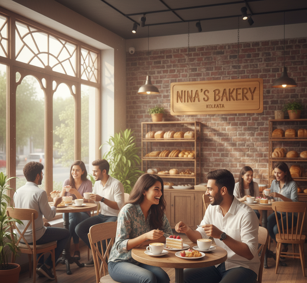 Happy customers enjoying coffee and cake inside a cozy Kolkata bakery café, showcasing the welcoming and homely atmosphere of Nina’s Bakery.