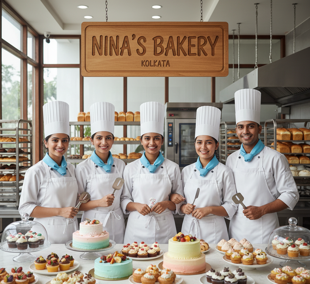 Smiling bakery chefs wearing aprons and hats posing inside a bright bakery kitchen with cakes and desserts around, representing the friendly team of Nina’s Bakery in Kolkata.