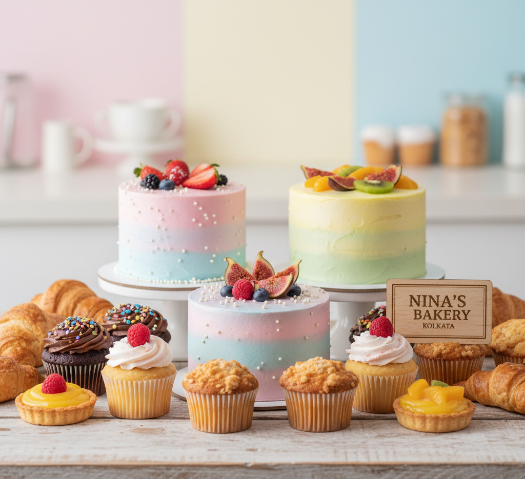 A close-up of beautifully decorated cakes, cupcakes, and pastries arranged on a wooden counter with a soft pastel background, branded as Nina’s Bakery, Kolkata.