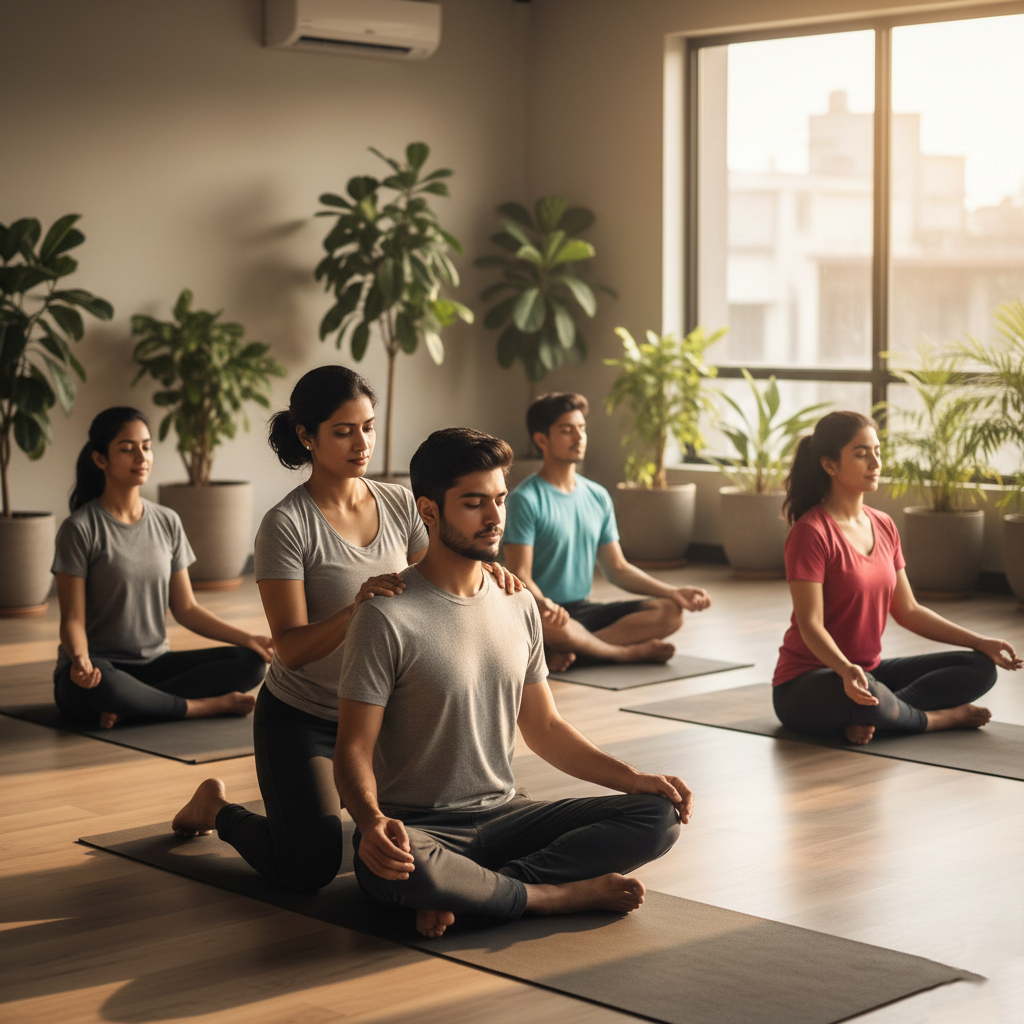 Small group beginner-friendly yoga class in Pune with instructor guiding posture during free trial session