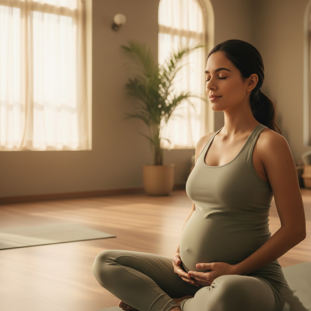 Expectant mother practicing breathing techniques during Prenatal Yoga Classes for a healthy pregnancy.