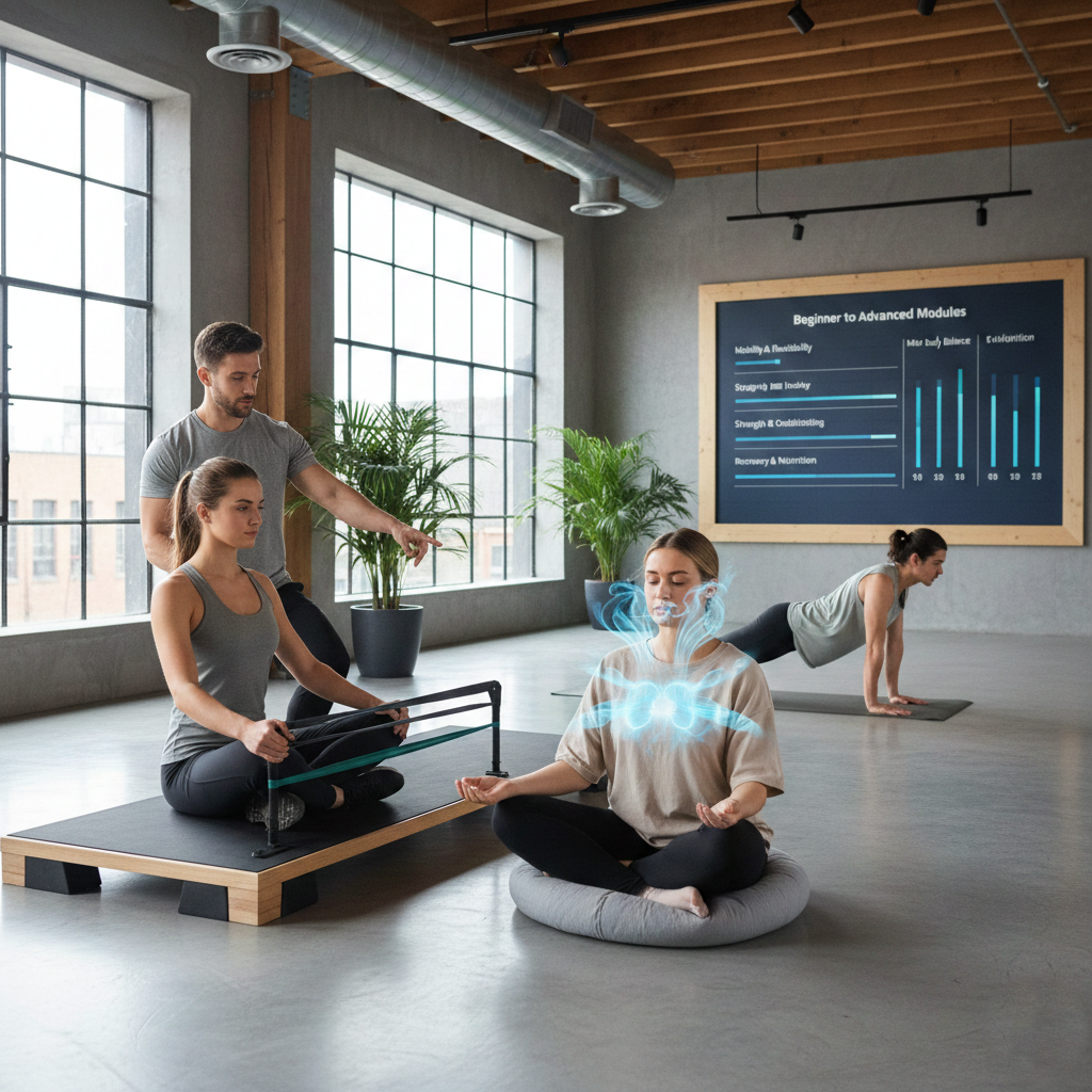 Trainer guiding posture correction exercises while individuals practice breathing techniques, core strength training, flexibility stretching, and endurance development in a modern holistic fitness studio.