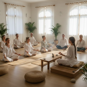 Group meditation session demonstrating the principles of the 8 Limbs of Yoga in a modern yoga studio.