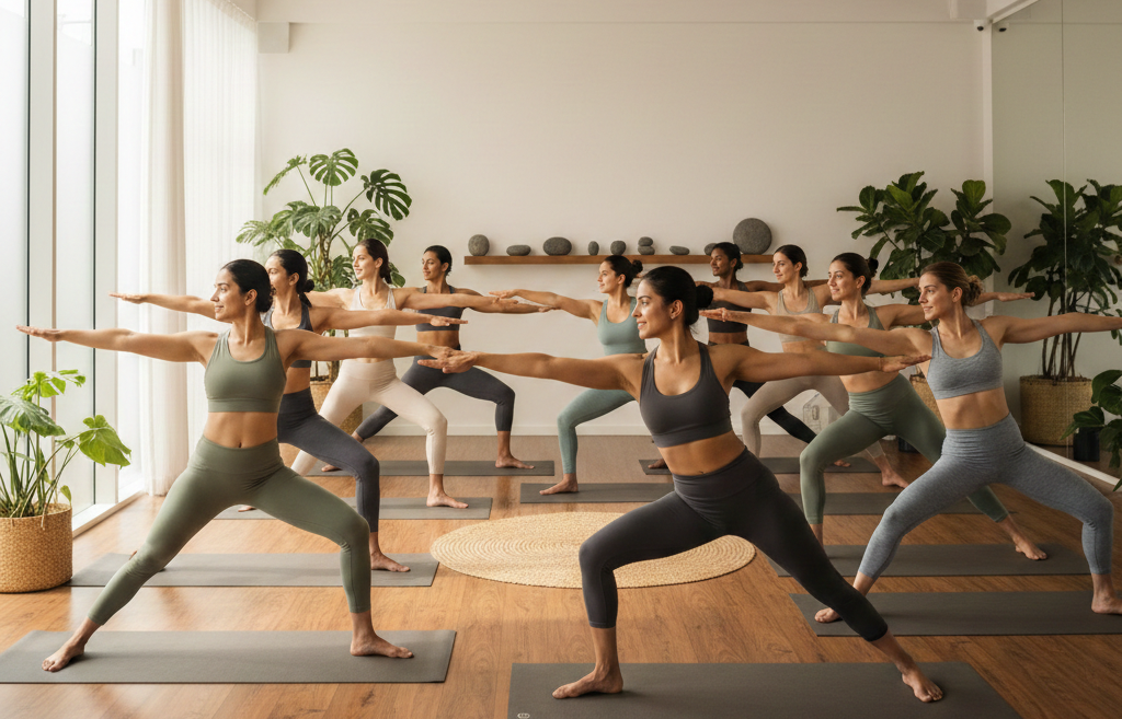 Group of women practicing yoga in a modern studio in Pune with natural light and wooden flooring.