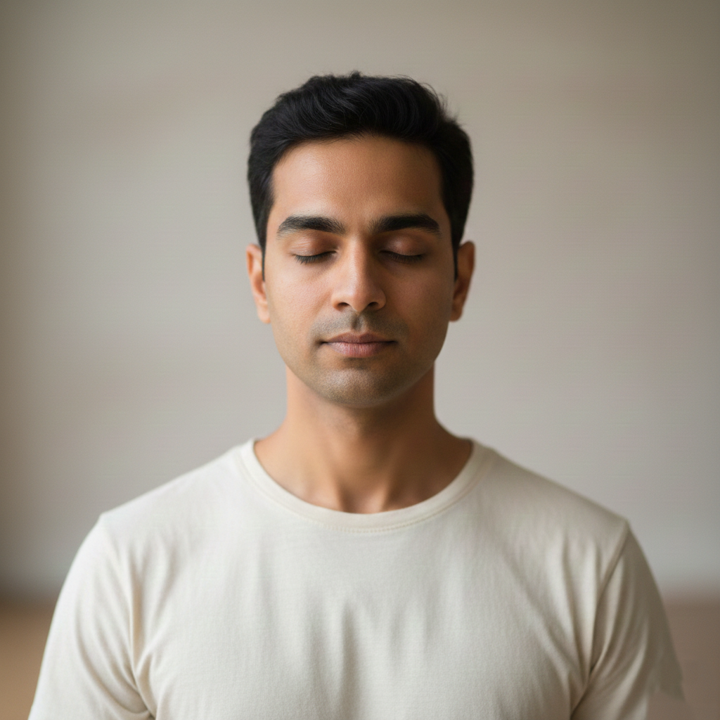Professional portrait of Indian male meditation instructor in mid 30s