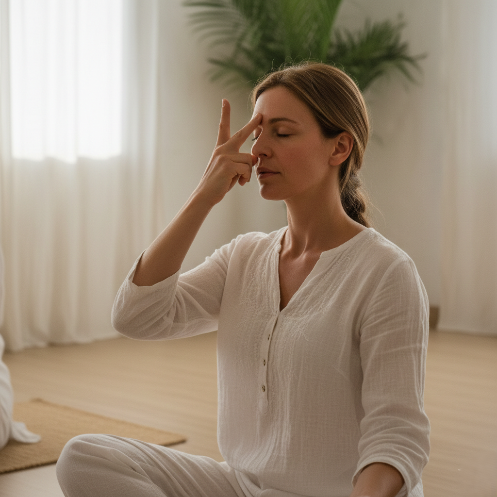Practitioner performing pranayama breathing as part of the 8 Limbs of Yoga philosophy.
