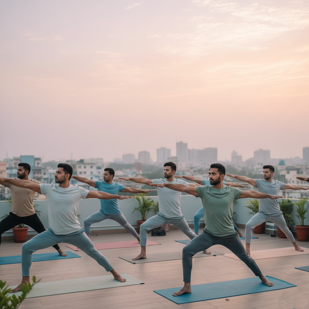 Morning rooftop yoga session in Pune with men in warrior pose and sunrise skyline