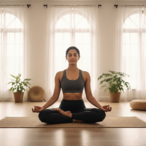 Beginner practicing Sitting Asanas in Yoga in a peaceful studio environment.