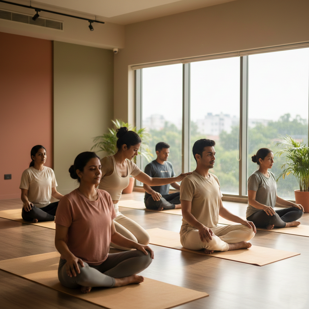 Beginner yoga classes in Pune at Elevate Yoga Studio with instructor guiding foundational asana poses in a modern studio.