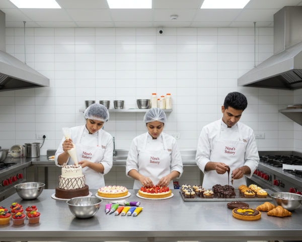 Professional bakers at work in a clean bakery kitchen, decorating cakes and pastries with icing, strawberries, and chocolate, representing Nina’s Bakery in Kolkata.