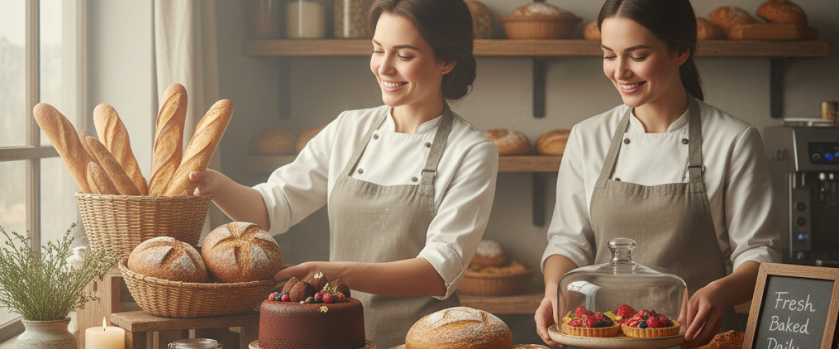 A cozy bakery counter with bakers arranging fresh loaves of bread, cakes, and cookies in display trays, with soft natural lighting and a homely vibe.