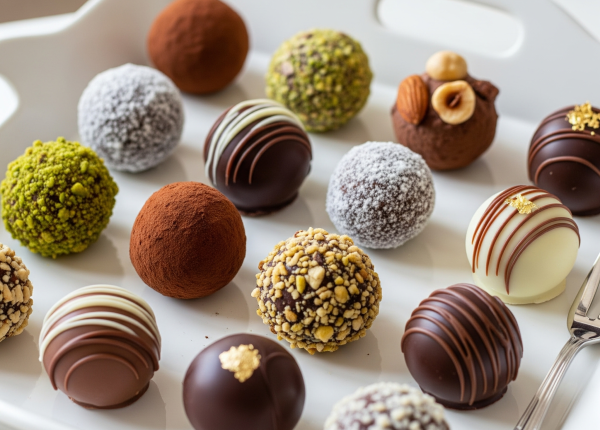 Assorted handmade chocolate truffles on a tray.