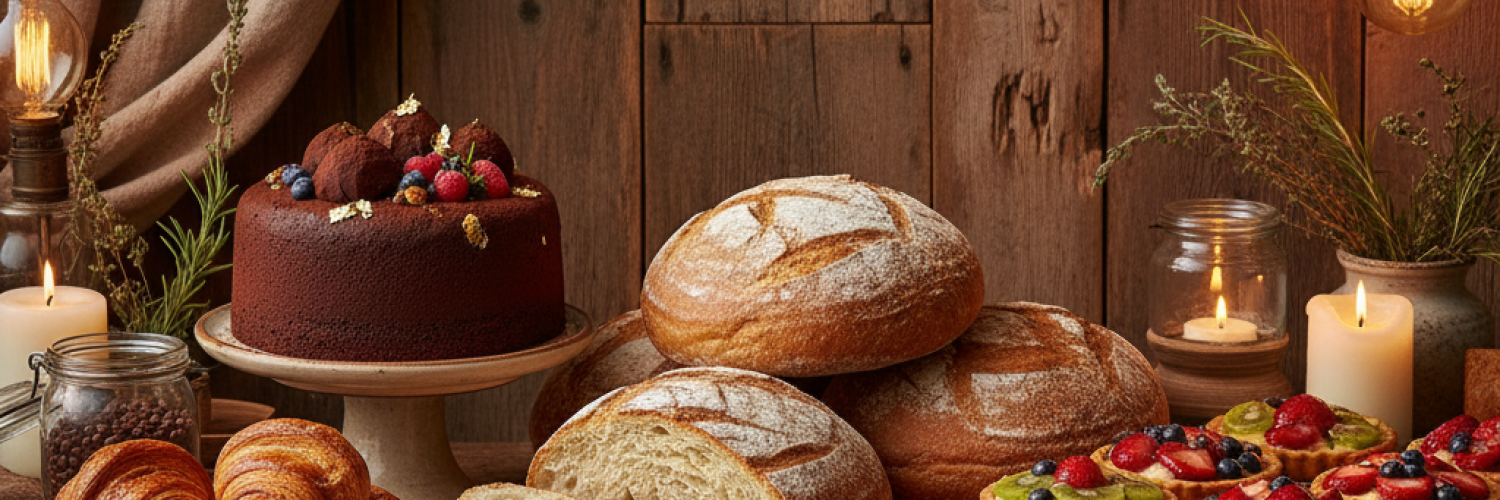 A wide wooden table with a rustic backdrop, filled with artisan bakery products – sourdough bread, chocolate truffle cake, croissants, cookies, and tarts, all styled beautifully with warm lighting.