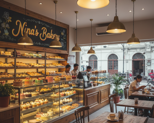 A cozy and modern bakery interior with display shelves full of colorful cakes, cupcakes, and pastries, warm lighting, wooden tables, and a welcoming counter labeled “Nina’s Bakery”, located in Kolkata, India.