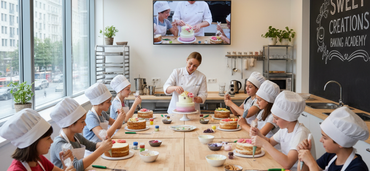 A bright modern bakery classroom with students learning to decorate cakes, guided by a smiling pastry chef.