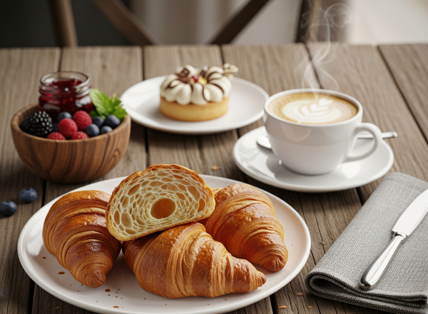 Golden-brown croissants and pastry with coffee served on a rustic table.