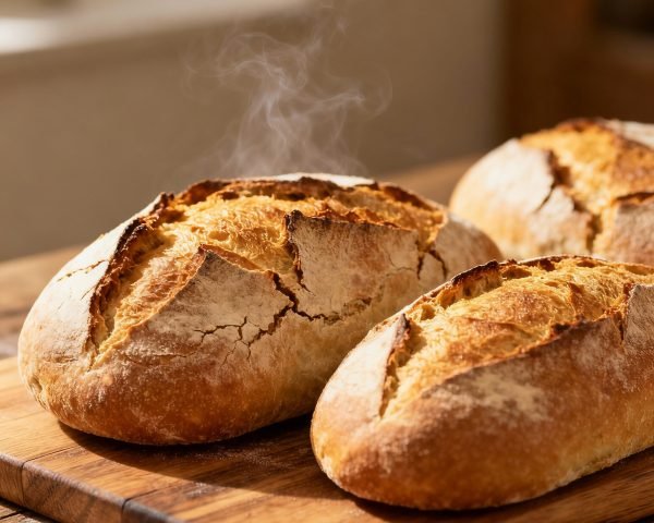 Freshly baked artisan breads on a wooden board.